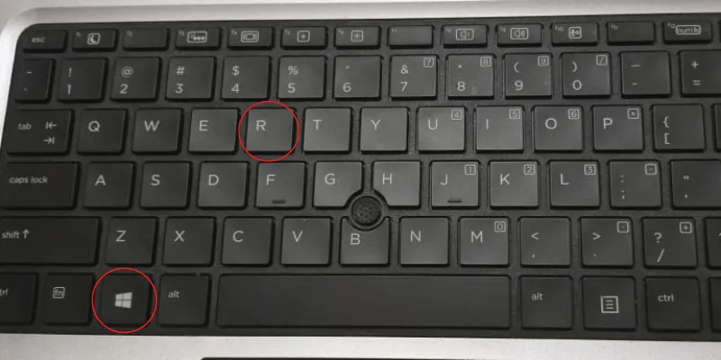 Windows keyboard shortcut with Windows and R keys highlighted for Run command.