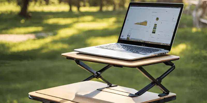 Laptop placed on a wooden adjustable stand in a bright outdoor setting