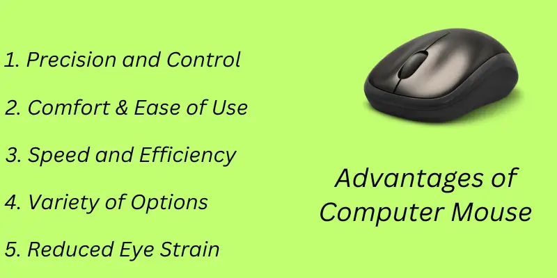 A list of the benefits of using a computer mouse, highlighting precision, comfort, and efficiency. A list of the benefits of using a computer mouse, highlighting precision, comfort, and efficiency.