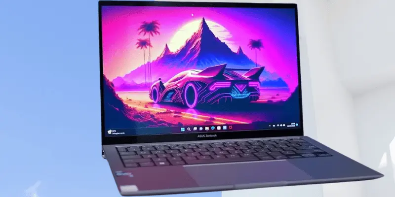 Asus laptop displaying neon car art against a vibrant mountain backdrop.
