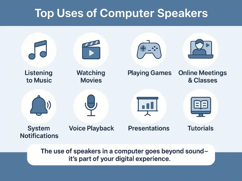 Infographic showing 8 main uses of computer speakers including music, movies, gaming, online meetings, notifications, voice playback, presentations and tutorials Infographic showing 8 main uses of computer speakers including music, movies, gaming, online meetings, notifications, voice playback, presentations and tutorials