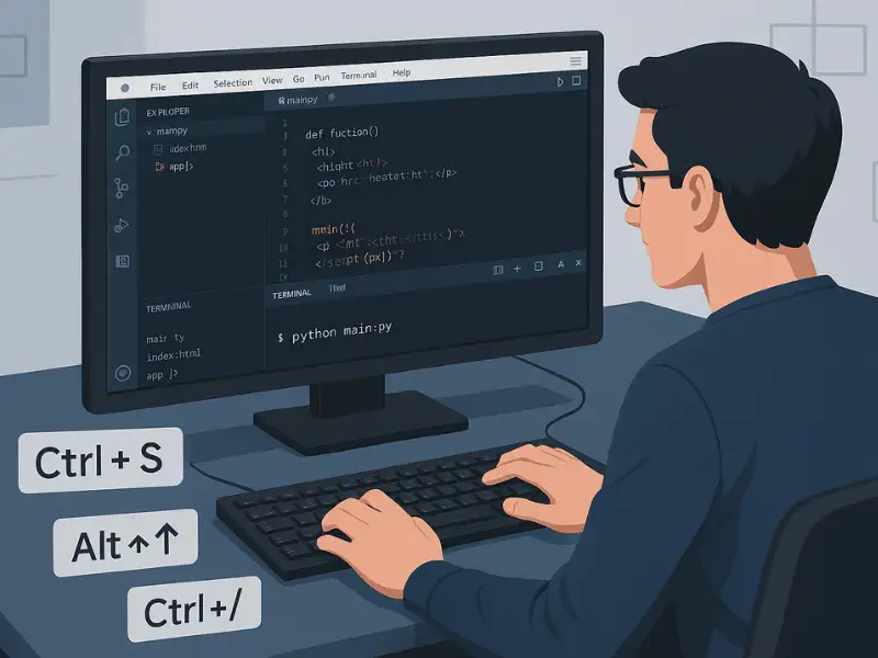 A programmer using keyboard shortcuts like Ctrl + S and Ctrl + / in a code editor to write and debug code efficiently.
