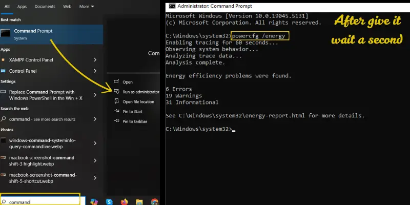 Detailed energy analysis through Command Prompt on Windows