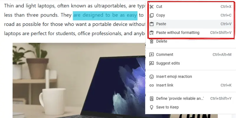 Keyboard shortcuts for cut, copy, and paste displayed in a computer menu