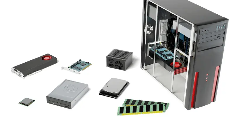 Desktop computer hardware parts layout showing GPU, memory modules, storage drives and tower case Desktop computer hardware parts layout showing GPU, memory modules, storage drives and tower case