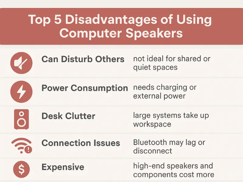 Computer speaker drawbacks diagram showing disturbance potential, power dependency, space requirements, connection reliability and pricing concerns Computer speaker drawbacks diagram showing disturbance potential, power dependency, space requirements, connection reliability and pricing concerns