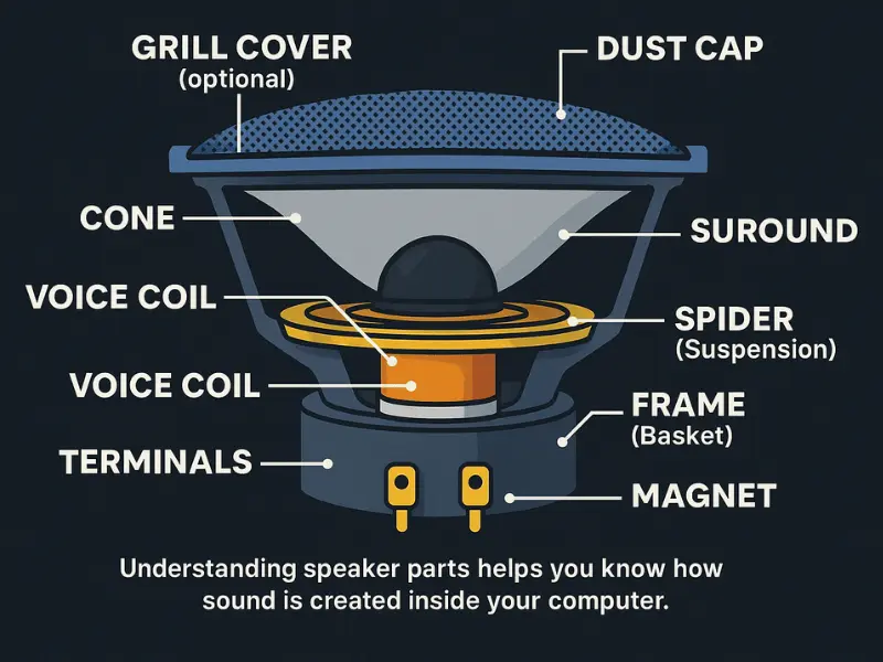 Detailed cross-section diagram of computer speaker components including cone, voice coil, magnet, spider suspension, frame, terminals, and dust cap Detailed cross-section diagram of computer speaker components including cone, voice coil, magnet, spider suspension, frame, terminals, and dust cap