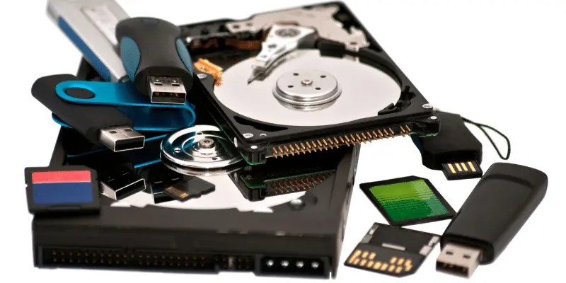 Collection of data storage devices including hard disk drive, USB flash drives, memory cards and storage components Collection of data storage devices including hard disk drive, USB flash drives, memory cards and storage components