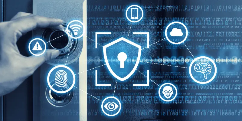 Hand touching digital security interface with shield icon and cybersecurity symbols including fingerprint, cloud, and AI protection Hand touching digital security interface with shield icon and cybersecurity symbols including fingerprint, cloud, and AI protection