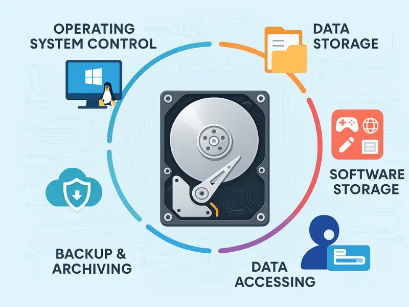 Comprehensive hard disk drive workflow diagram showing operating system control, data storage, software storage, data accessing, and backup archiving functions in circular process Caption: Complete hard drive ecosystem illustrating the continuous cycle of data management and storage operations. Comprehensive hard disk drive workflow diagram showing operating system control, data storage, software storage, data accessing, and backup archiving functions in circular process Caption: Complete hard drive ecosystem illustrating the continuous cycle of data management and storage operations.