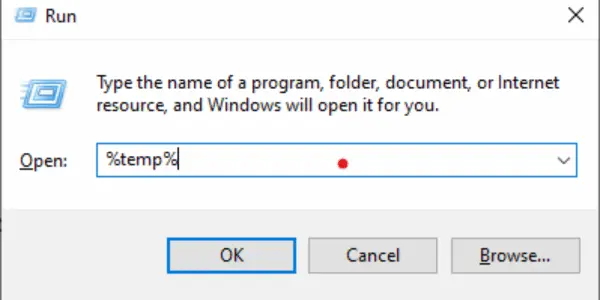 Screenshot of the Windows Run dialog box with "%temp%" typed to open the temporary files folder. Screenshot of the Windows Run dialog box with "%temp%" typed to open the temporary files folder.