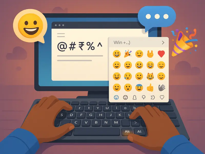 Hands on a keyboard using the Windows + period shortcut to access emojis, with a focus on creative digital expression.