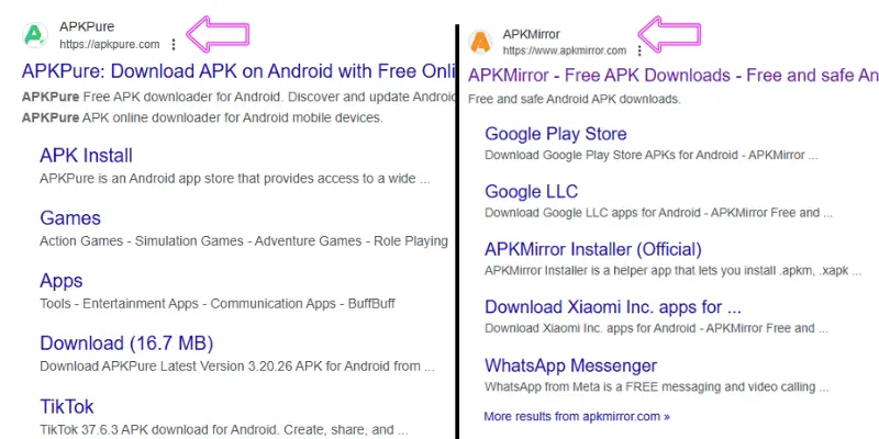 Search results highlight APKPure and APKMirror for free APK downloads