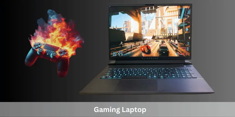 Gaming laptop showcasing a racing game with a vibrant burning controller
