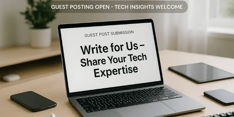 Laptop screen showing guest post submission invitation for tech bloggers. Laptop screen showing guest post submission invitation for tech bloggers.