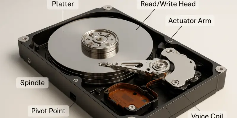 Detailed hard disk drive internals showing labeled platter, read/write head, actuator arm, spindle, pivot point, and voice coil components
Caption: Complete hard drive anatomy revealing precision-engineered internal mechanisms and data storage components. Detailed hard disk drive internals showing labeled platter, read/write head, actuator arm, spindle, pivot point, and voice coil components
Caption: Complete hard drive anatomy revealing precision-engineered internal mechanisms and data storage components.