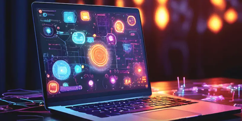 High-tech laptop screen with glowing digital graphics and neon effects.