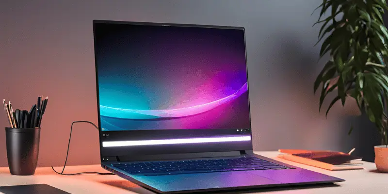 High-tech laptop with a colorful glowing screen, perfect for creative workflows