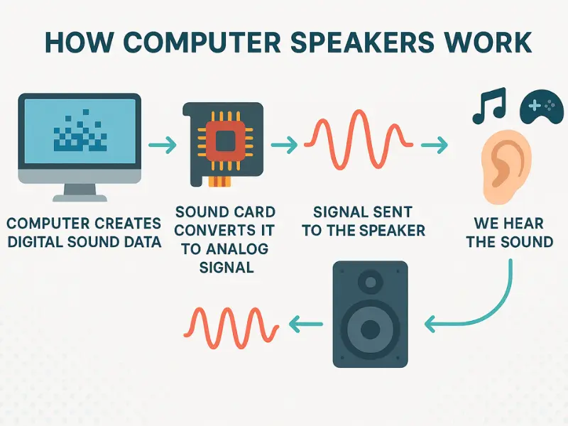 Step-by-step diagram showing how computer speakers work from digital sound data through sound card conversion to analog audio output Step-by-step diagram showing how computer speakers work from digital sound data through sound card conversion to analog audio output