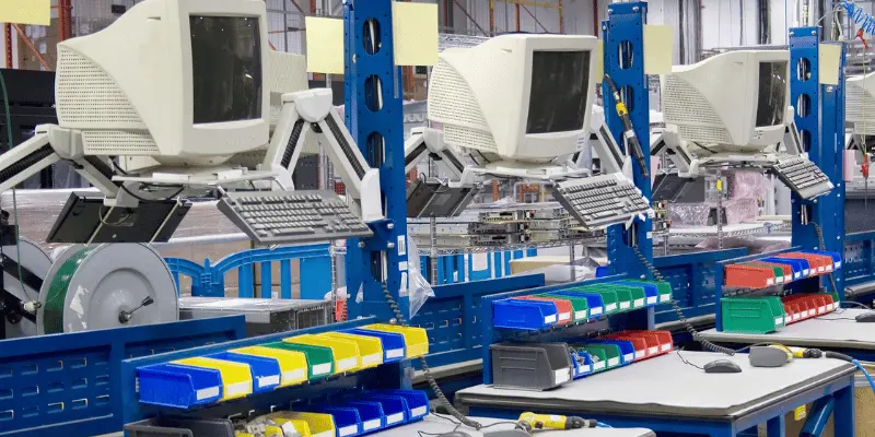 Multiple white CRT computer terminals mounted on blue industrial framework with colorful storage bins below
