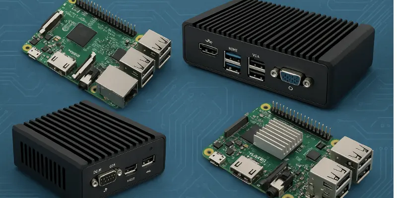 Collection of small form factor computers and development boards with HDMI, USB and networking capabilities