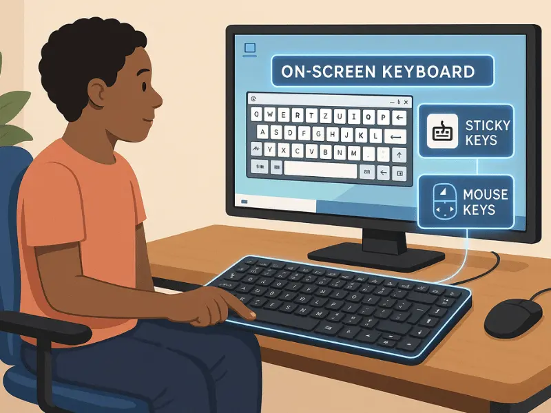 A person using accessibility features on a computer including Sticky Keys, Mouse Keys, and an on-screen keyboard.