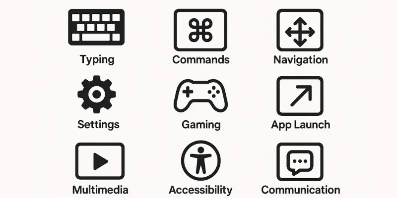 Nine essential keyboard function categories including typing, commands, navigation, settings, gaming, app launch, multimedia, accessibility and communication Nine essential keyboard function categories including typing, commands, navigation, settings, gaming, app launch, multimedia, accessibility and communication