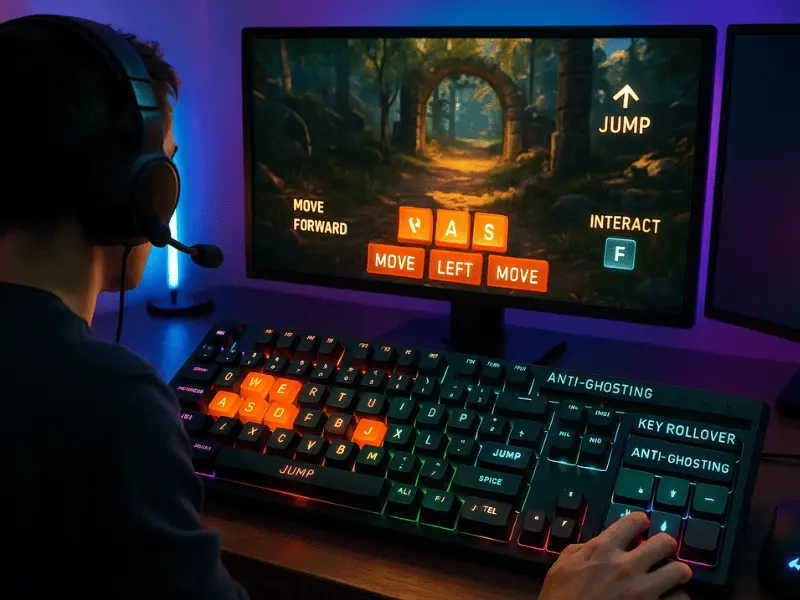 RGB gaming keyboard with highlighted keys for movement and jump, displayed on screen as part of a PC game interface.