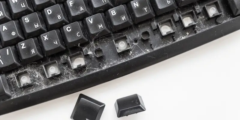 Overused and unclean keyboard with broken keys emphasizing maintenance necessity