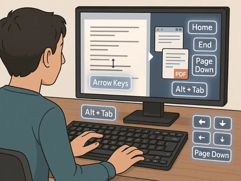 A user navigating documents and switching apps using keyboard keys like Alt + Tab, Arrow Keys, and Page Down on a desktop.