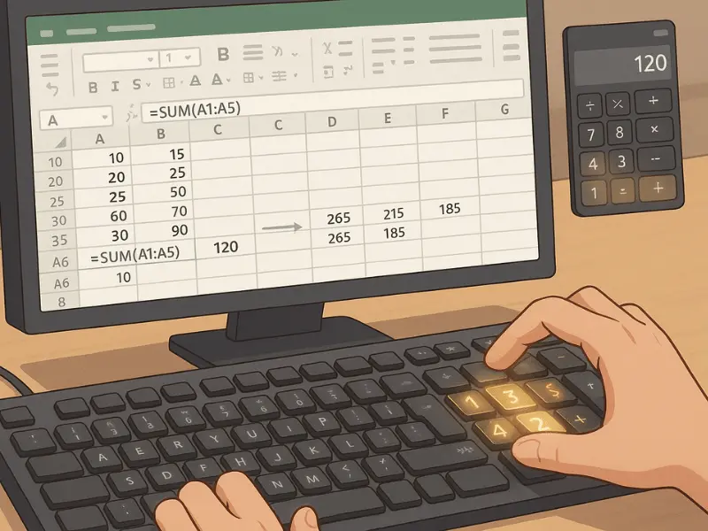 Excel spreadsheet showing SUM formula while user enters numbers using a glowing numeric keypad for data entry tasks.