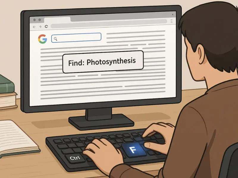 A browser screen showing “Find: Photosynthesis” as a user activates the Ctrl + F shortcut on the keyboard.