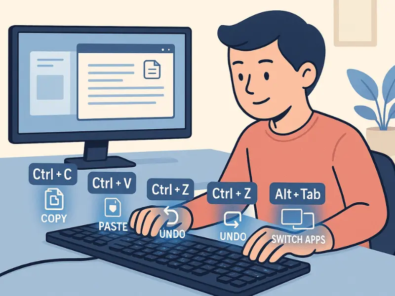 User controlling a desktop using keyboard shortcuts like Ctrl + Alt + F4, Win + L, and Win + D to lock, minimize, or close apps.