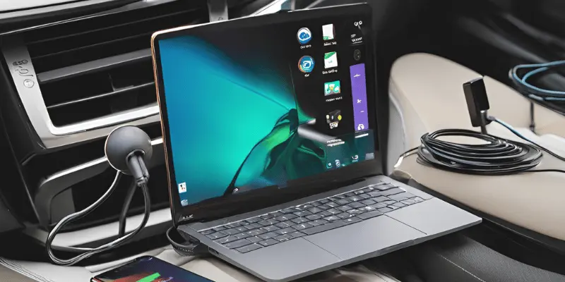 Portable laptop setup in a car showing charging and multitasking capability