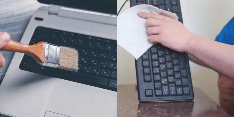  Two methods of keyboard cleaning: brushing a laptop and wiping a desktop keyboard