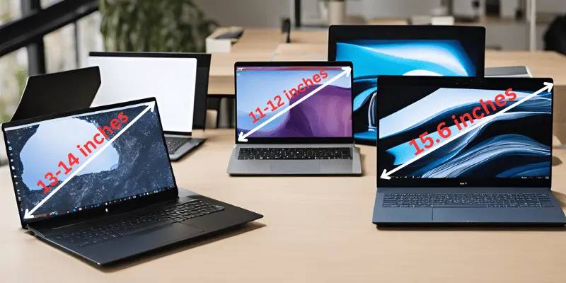 Multiple laptops showcasing different screen sizes, including 11-12, 13-14, and 15.6 inches