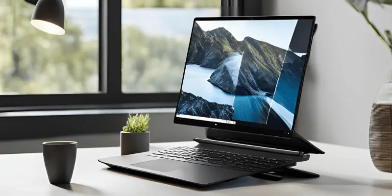 High-resolution laptop screen showcasing a picturesque mountain view on a clean desk setup.