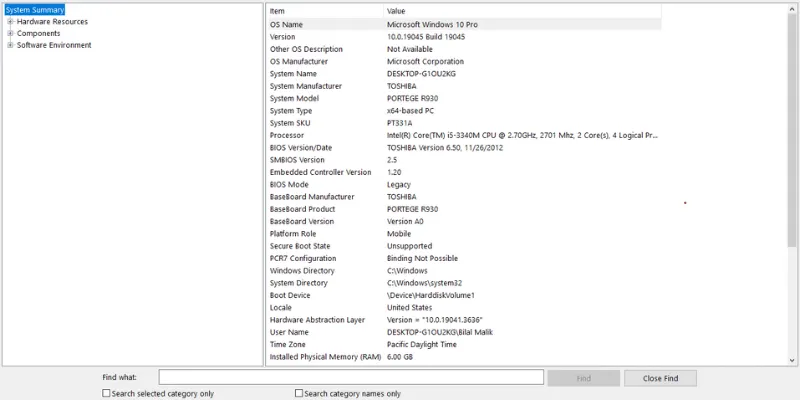 Screenshot of laptop system summary with model and hardware specs