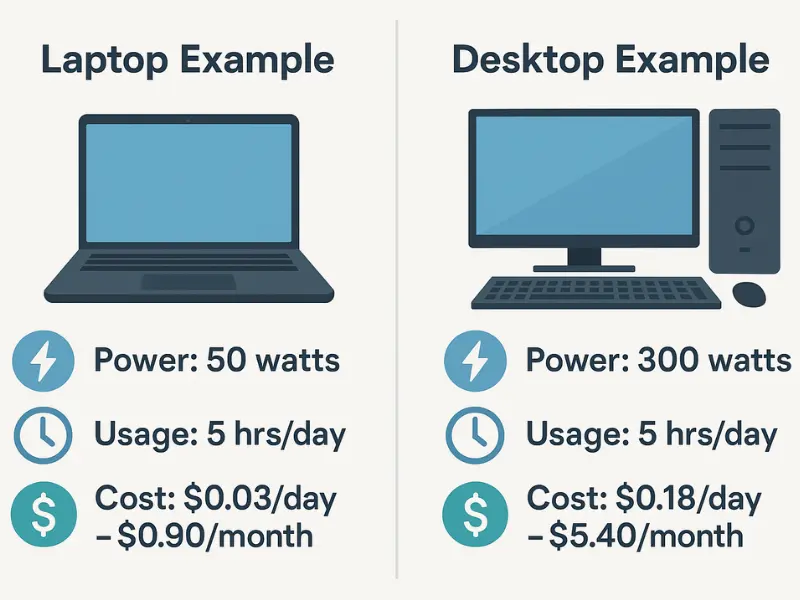 Energy cost comparison showing laptop using 50 watts costing $0.90 monthly versus desktop using 300 watts costing $5.40 monthly Energy cost comparison showing laptop using 50 watts costing $0.90 monthly versus desktop using 300 watts costing $5.40 monthly