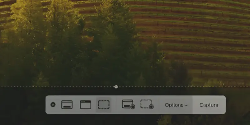 Screenshot toolbar on a MacBook showing different capture options, including entire screen, window, and custom selection.
