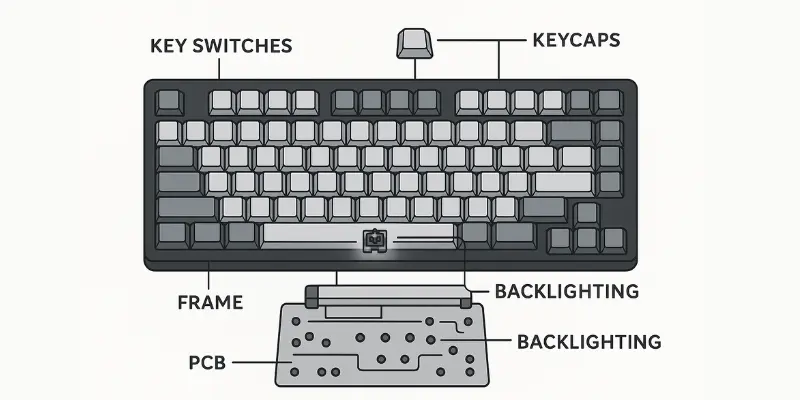 Detailed keyboard anatomy diagram showing key switches, keycaps, frame, PCB circuit board, and backlighting components Detailed keyboard anatomy diagram showing key switches, keycaps, frame, PCB circuit board, and backlighting components