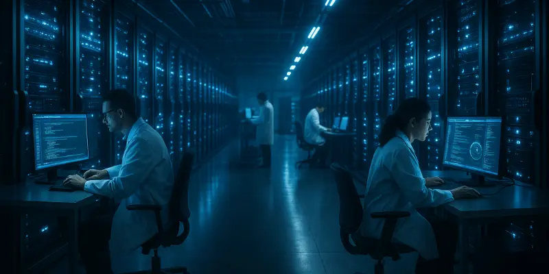 IT engineers working at computer terminals in futuristic blue-lit data center with rows of server racks