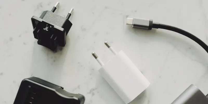 Assorted charging plugs and a USB-C cable for universal device compatibility