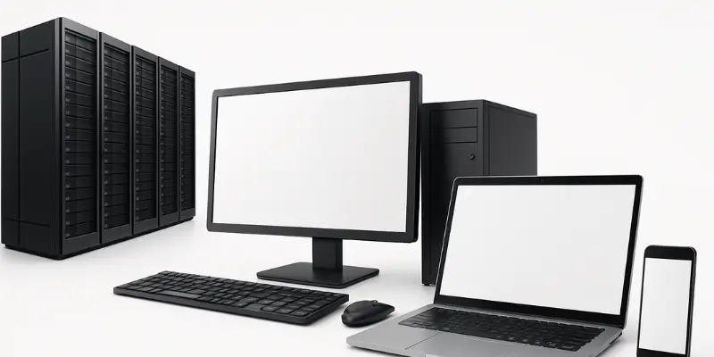 Professional computing ecosystem showing server rack, desktop computer, laptop and smartphone on white background