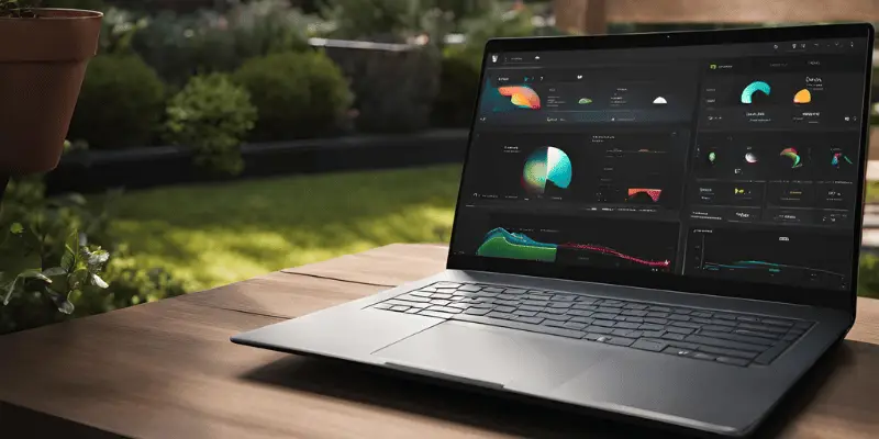 Bright outdoor scene with a laptop showing colorful analytics