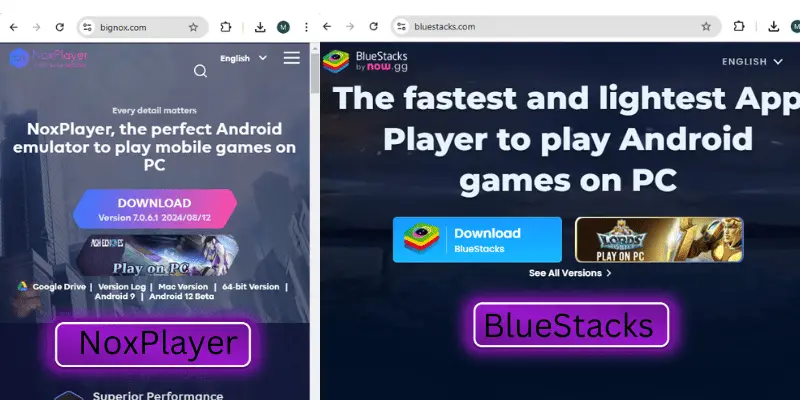 NoxPlayer and BlueStacks websites showcasing Android gaming on PC