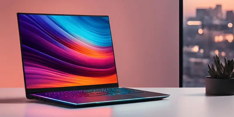 Modern laptop showcasing a colorful, high-resolution display at sunset