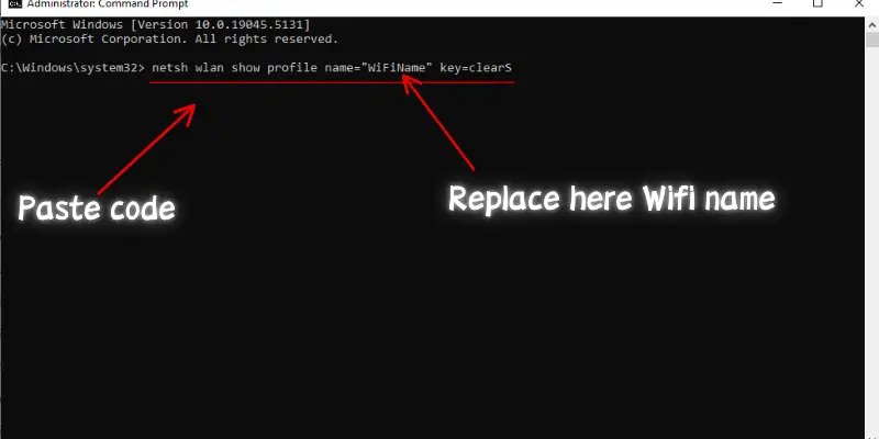 Command Prompt window with a code to retrieve WiFi password by replacing the WiFi name in the script