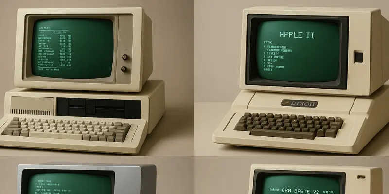 Four vintage Apple II computers with green monochrome monitors showing classic computing interfaces and programs