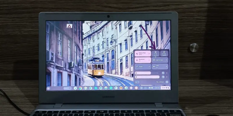 Samsung Chromebook with city background and active control panel on the screen